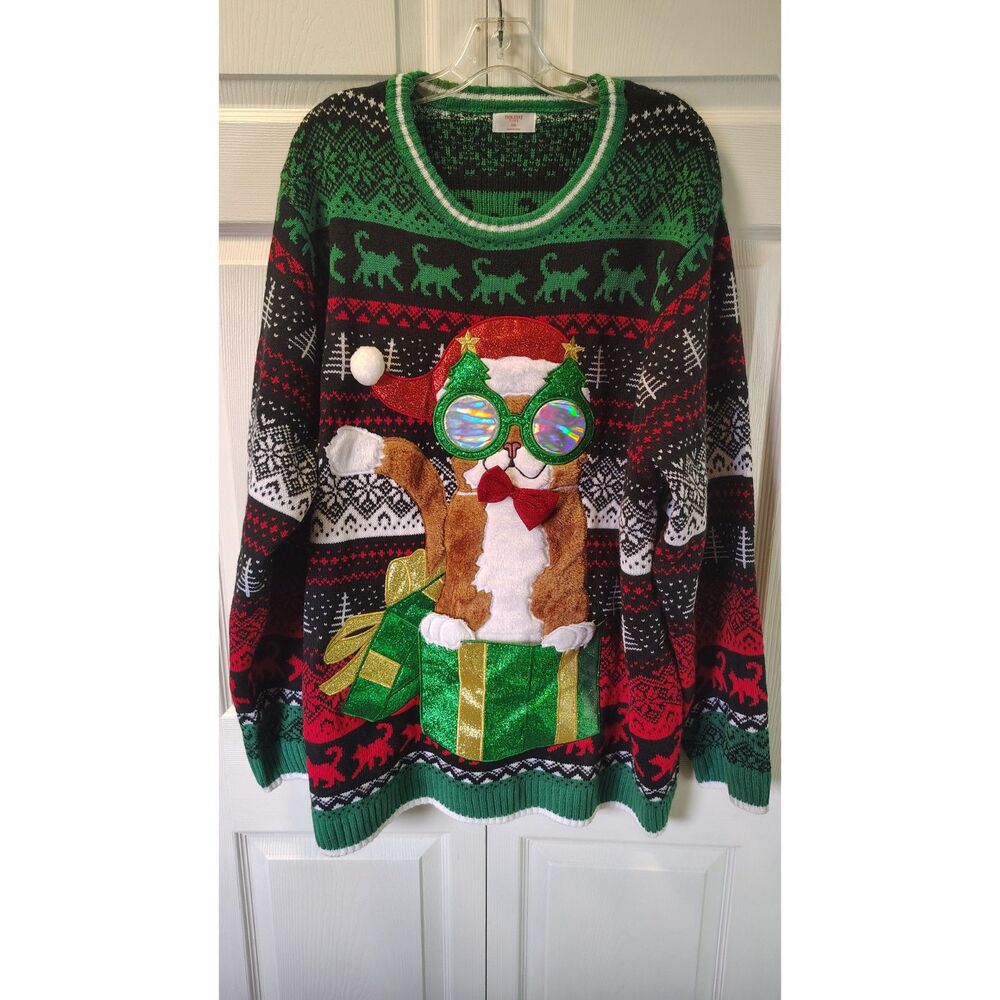 Holiday Time Women's Christmas Cat in Gift Box Ugly Christmas Sweater, Size 2XL